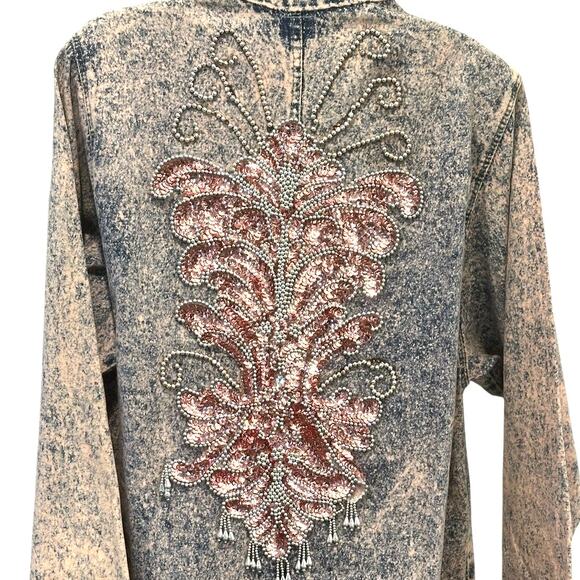 Designs USA Vintage Acid Washed Long Embellished Bejeweled Pink Denim Duster - Picture 3 of 16